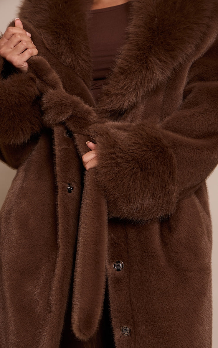 Plus Chocolate Faux Fur Self Tie Oversized Coat image 4