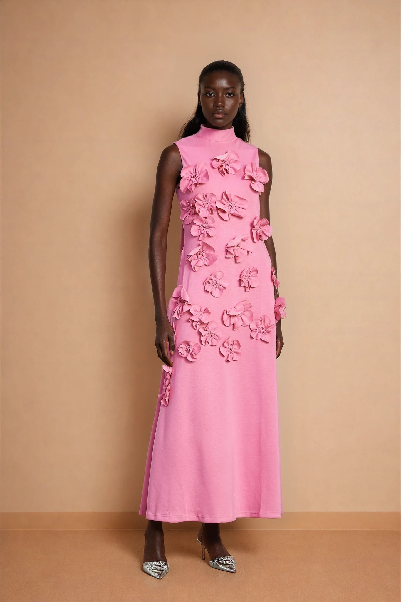 Magali Pink Sleeveless Maxi Dress with Faux Flower & Bow-Tie Embellishment