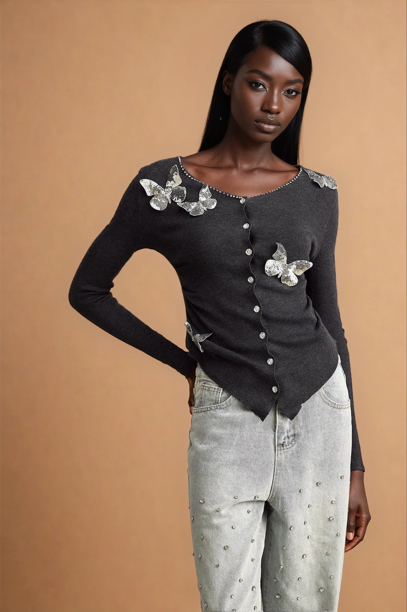 Anastasie grey sequined butterfly-motif cardigan