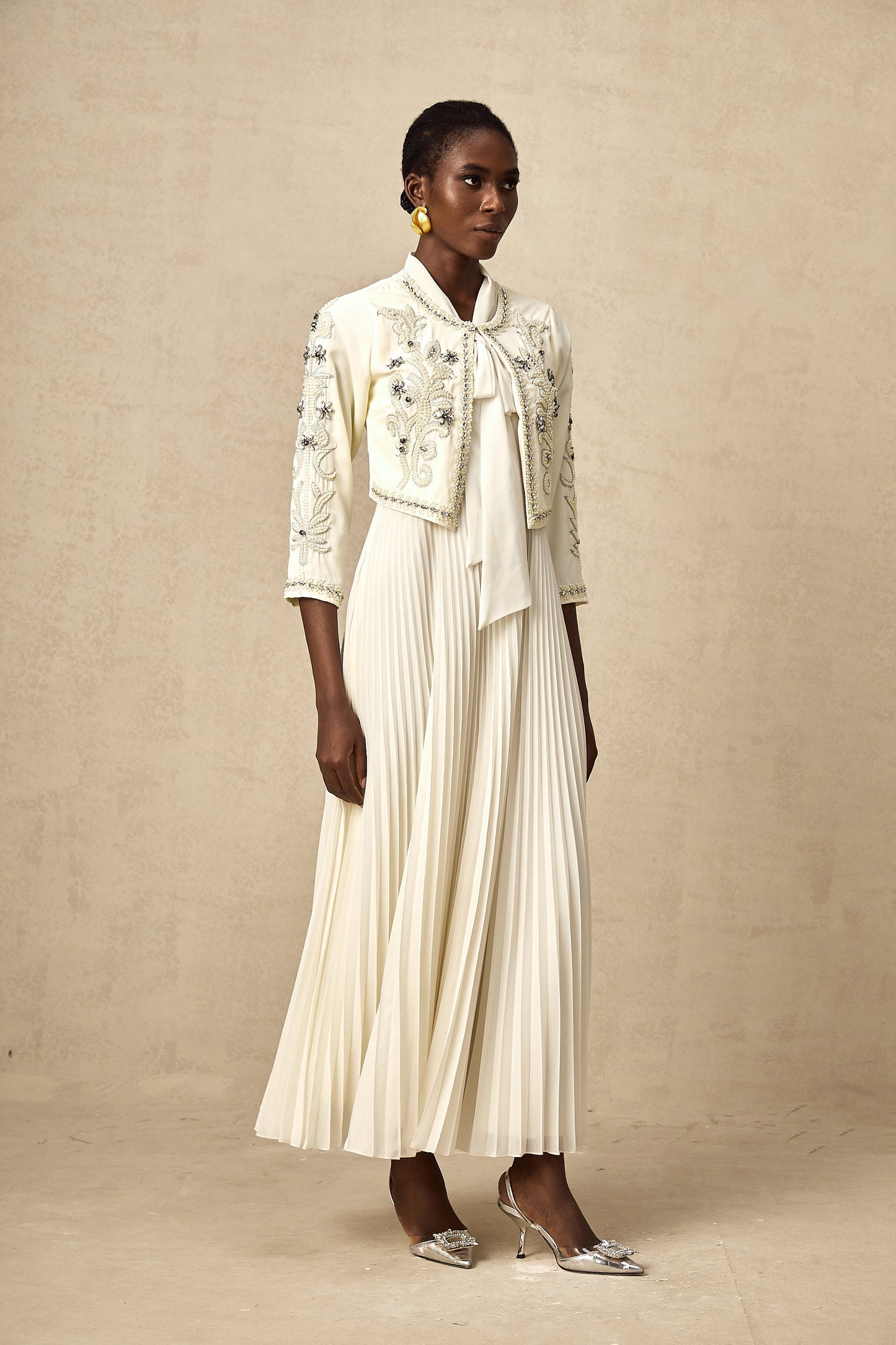 Blanche White Embellished Pleated Two-Piece Jacket and Dress Set