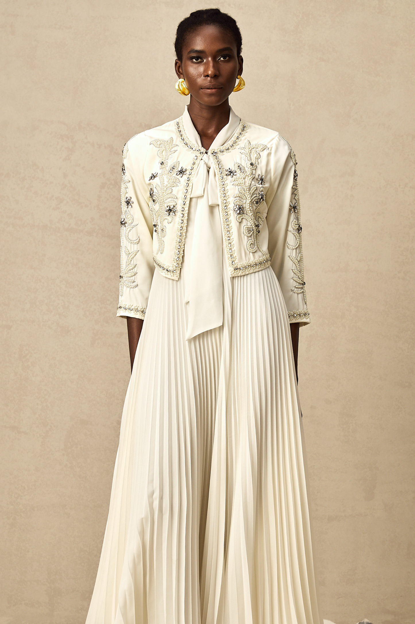 Blanche White Embellished Pleated Two-Piece Jacket and Dress Set