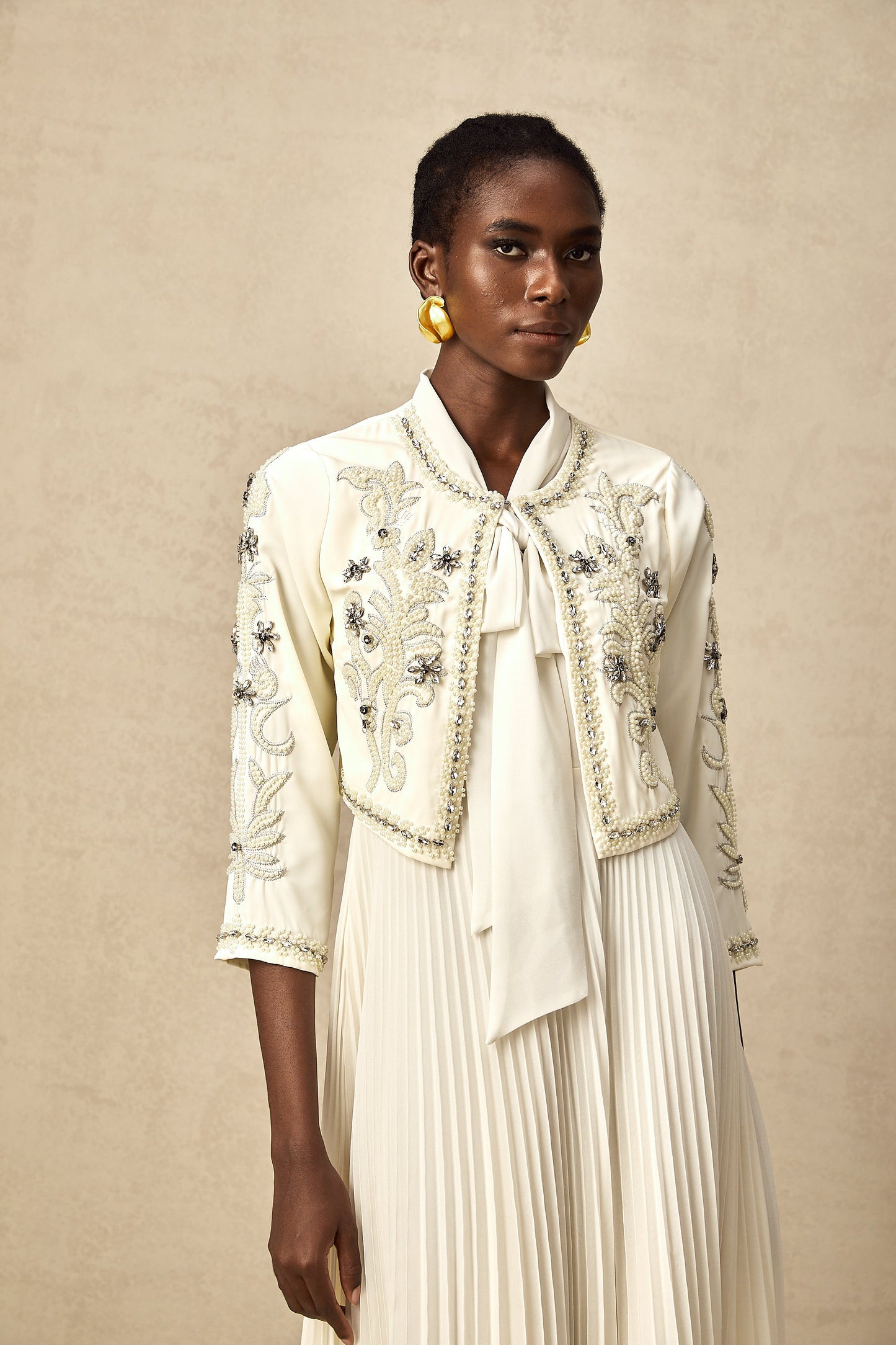 Blanche White Embellished Pleated Two-Piece Jacket and Dress Set