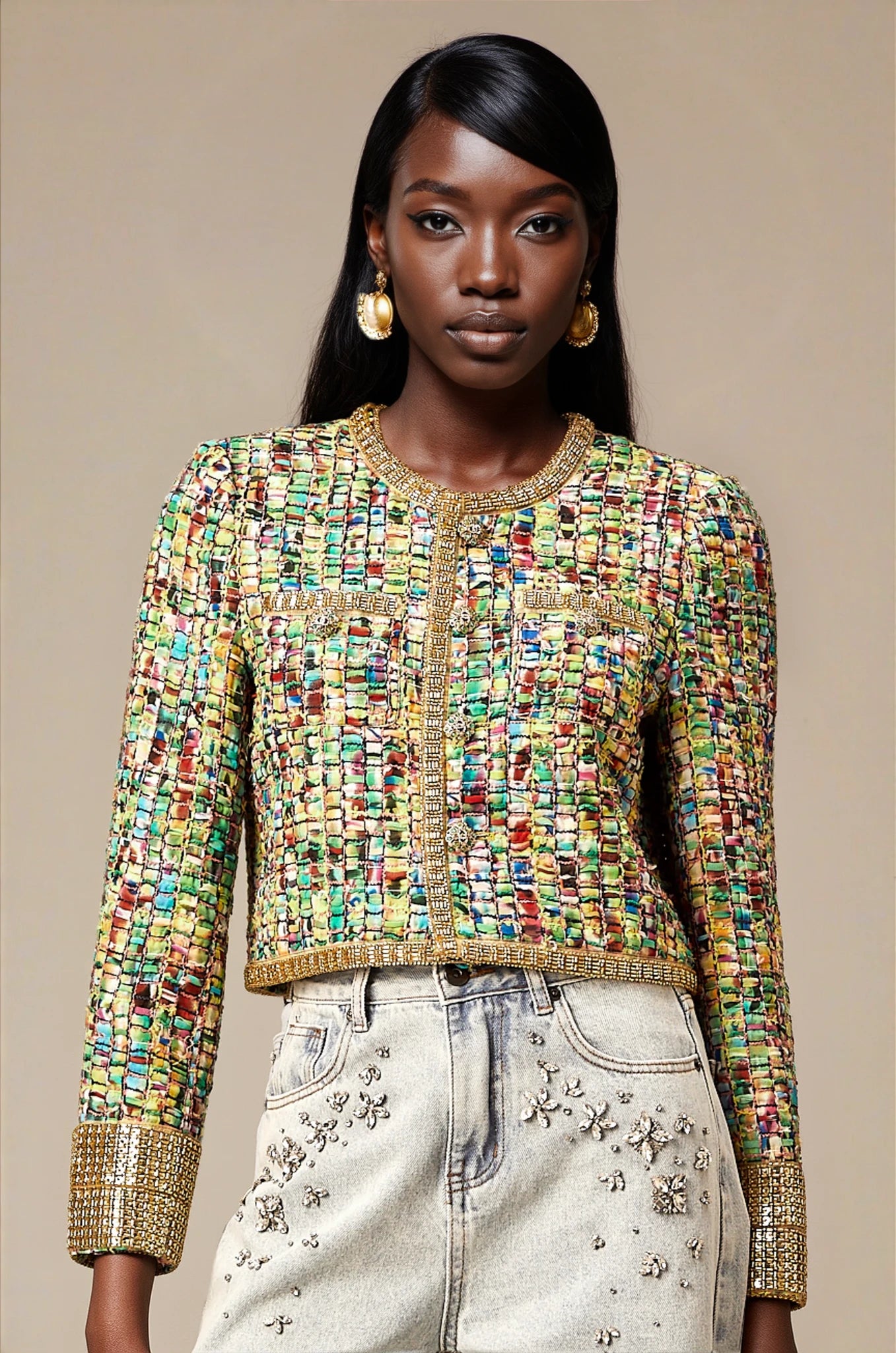 Octavie gold-tone sequined checked tweed jacket