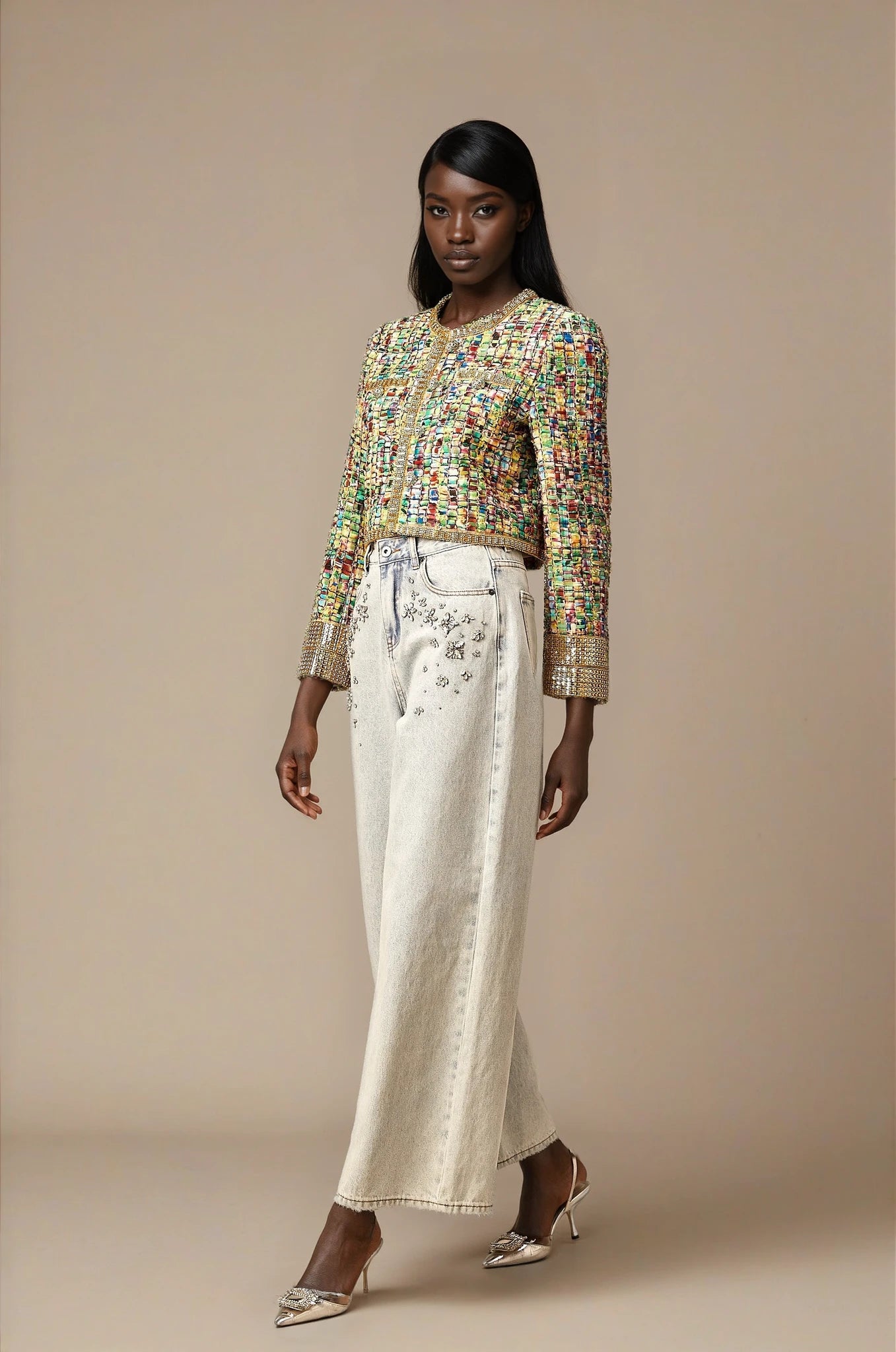 Octavie gold-tone sequined checked tweed jacket