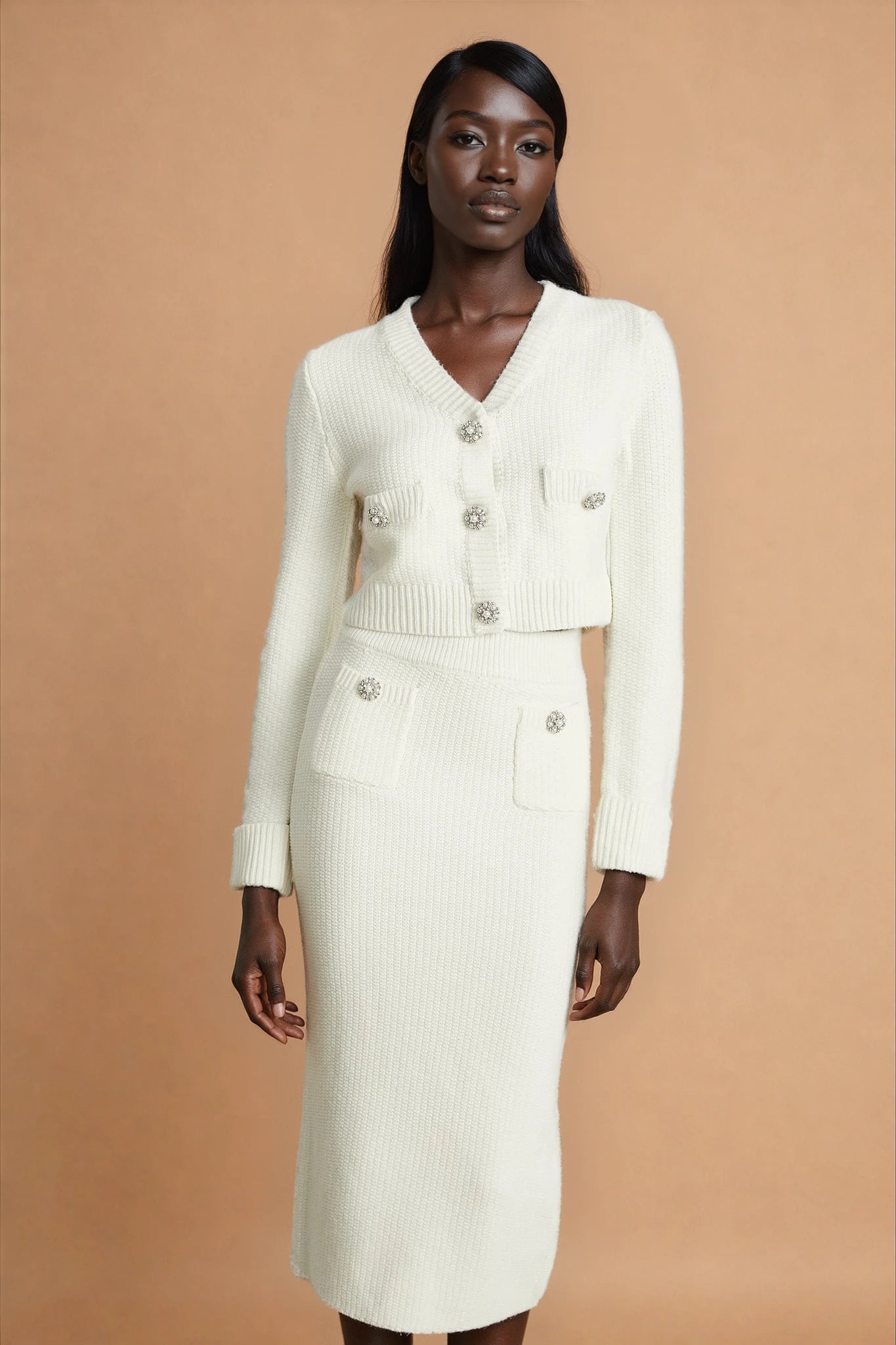Clarisse white knitted cardigan & skirt matching set