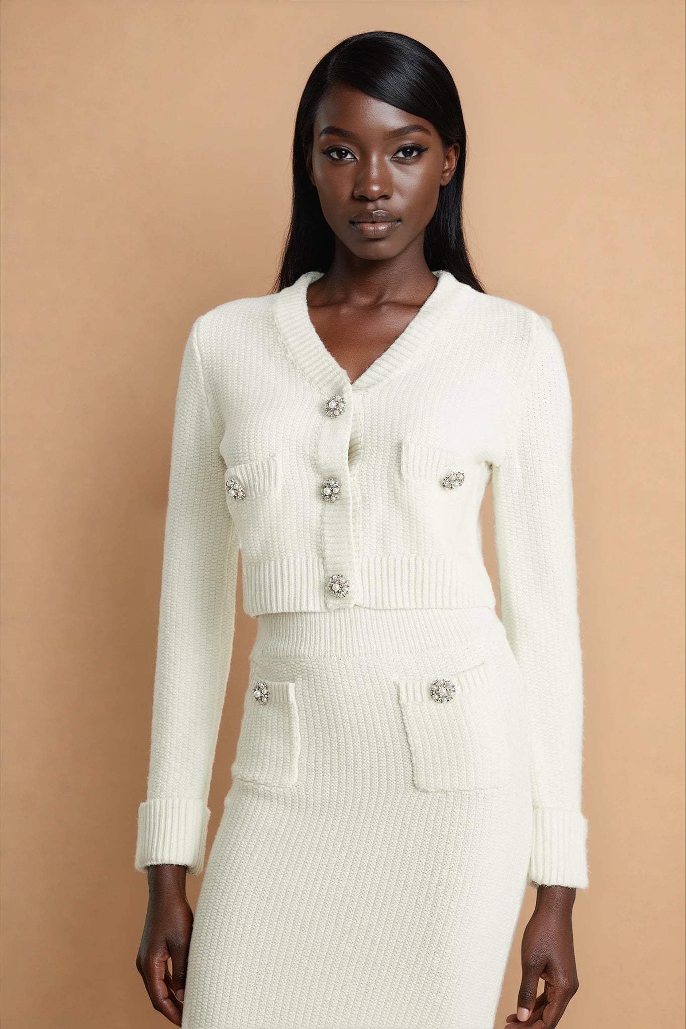 Clarisse white knitted cardigan & skirt matching set