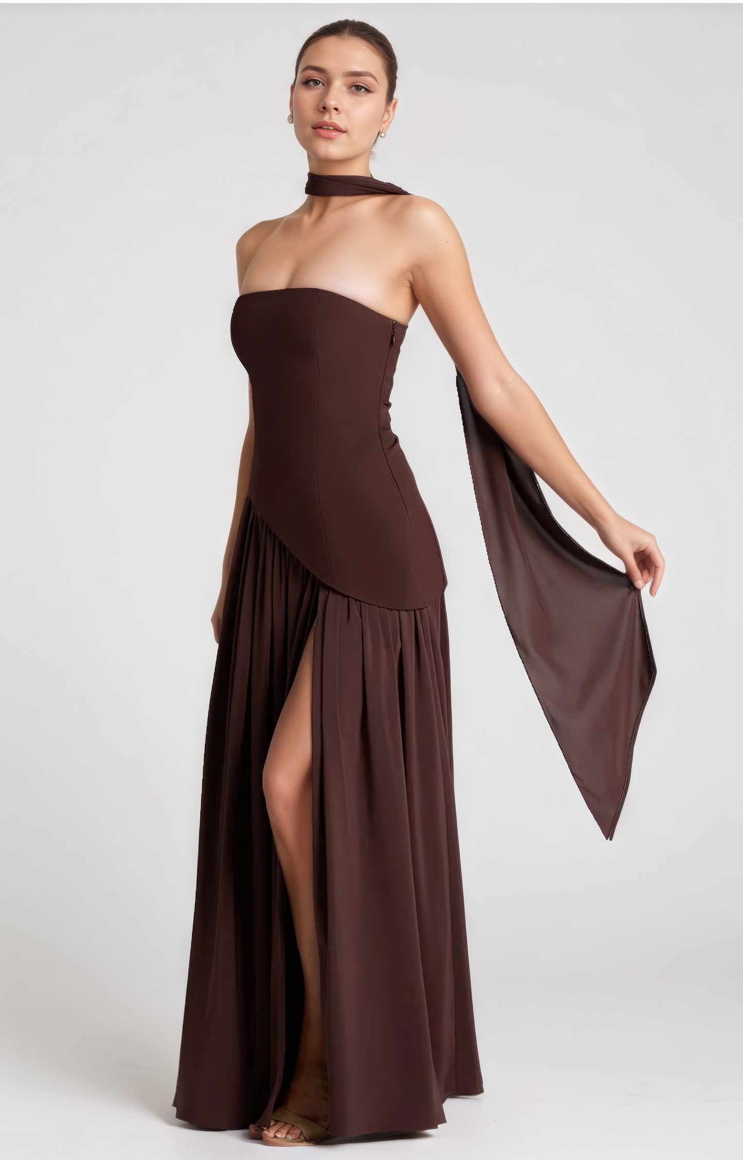 Paula Asymmetric High Slit Maxi Dress with Scarf - Plum Brown