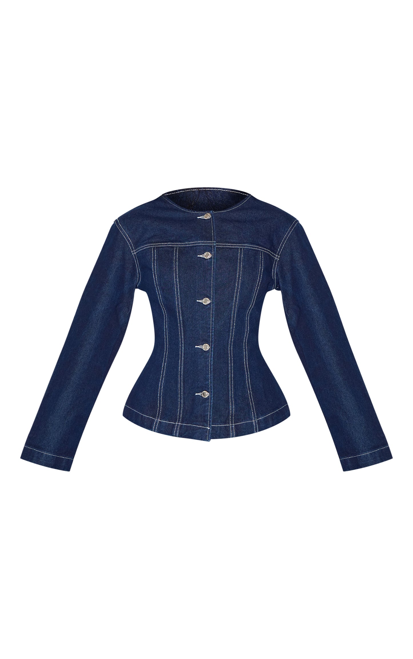 Indigo Round Neck Cinched Long Sleeve Denim Jacket image 5
