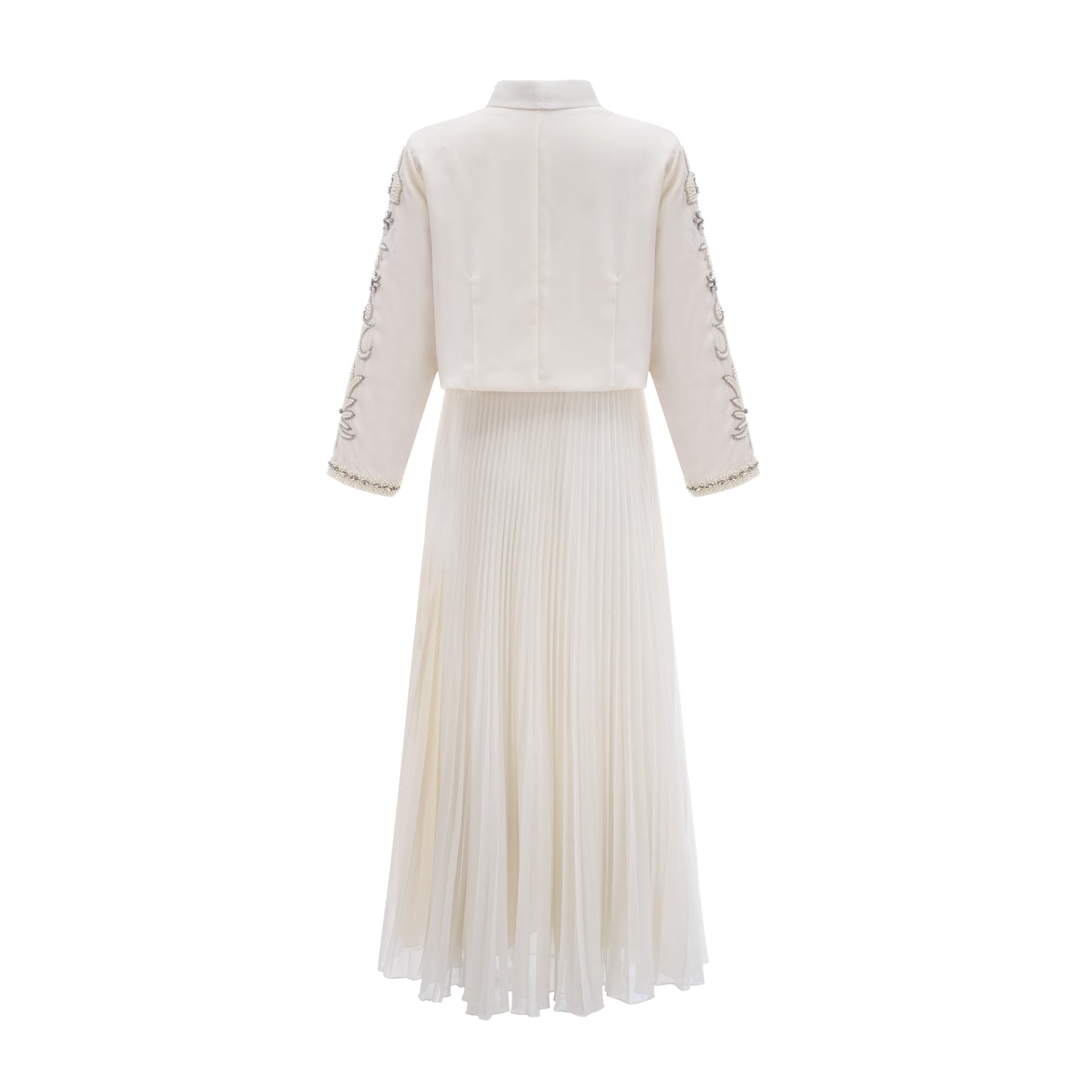 Blanche White Embellished Pleated Two-Piece Jacket and Dress Set
