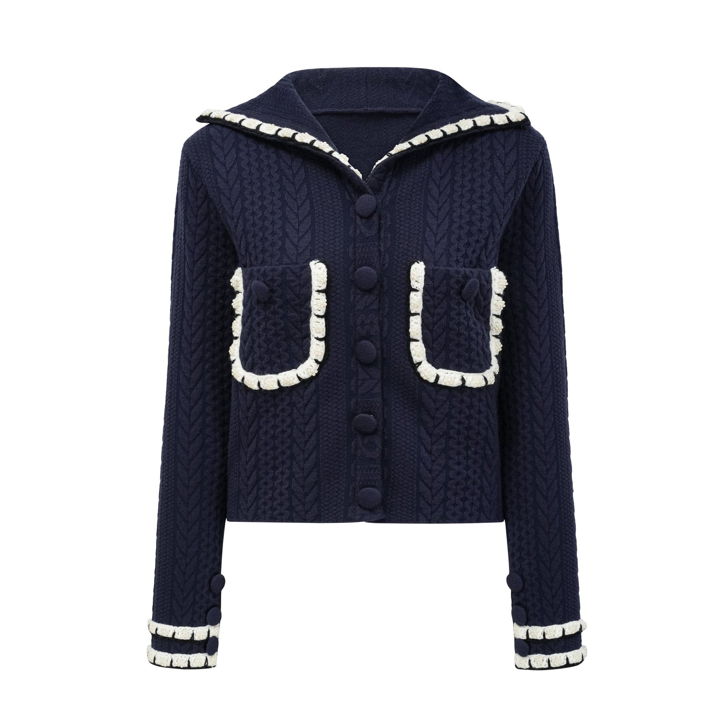 Elvira navy blue crochet-knit cardigan & trousers matching set