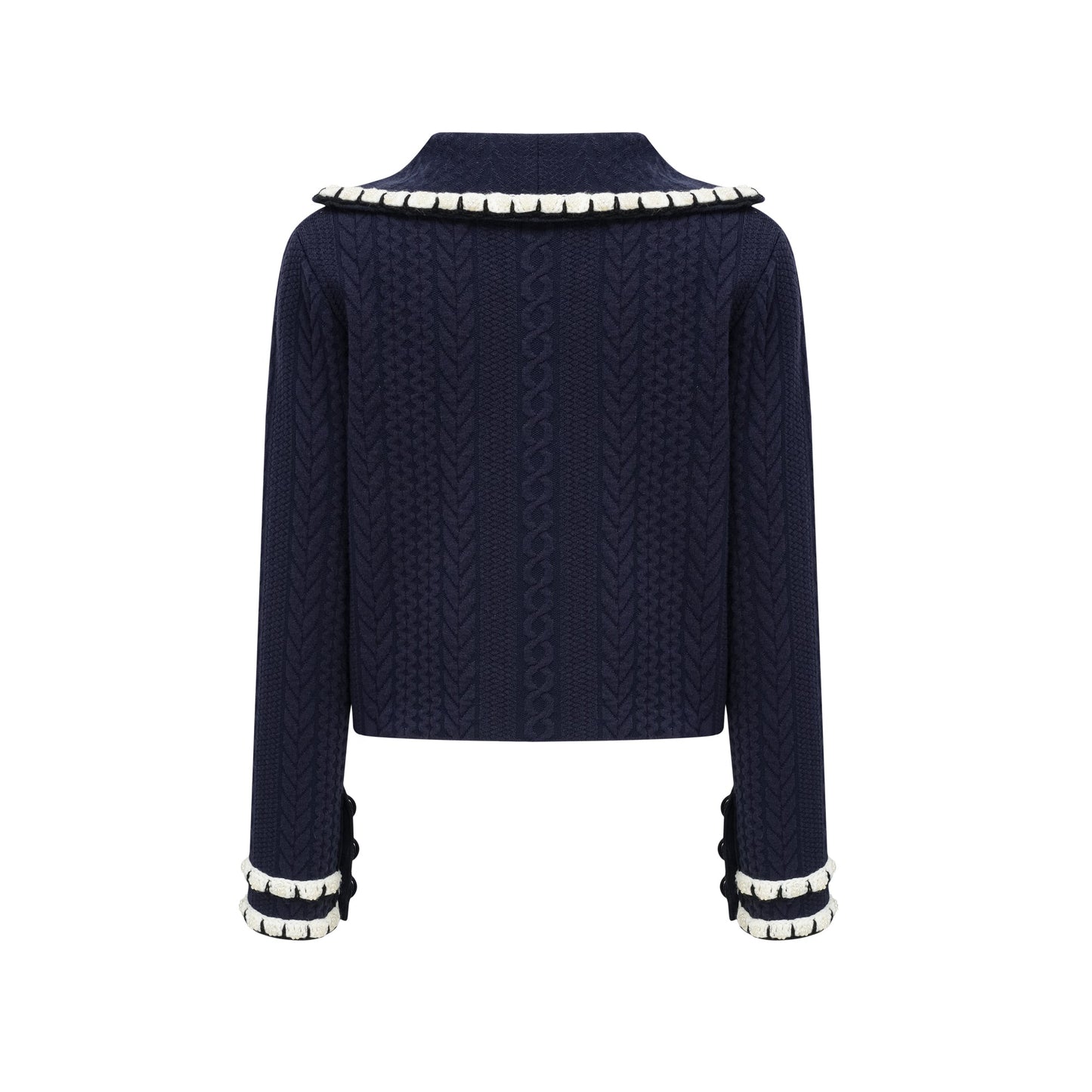Elvira navy blue crochet-knit cardigan & trousers matching set