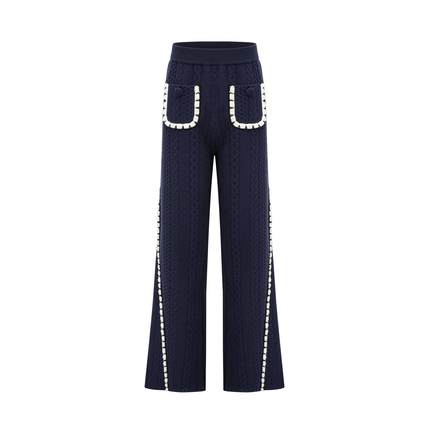 Elvira navy blue crochet-knit cardigan & trousers matching set