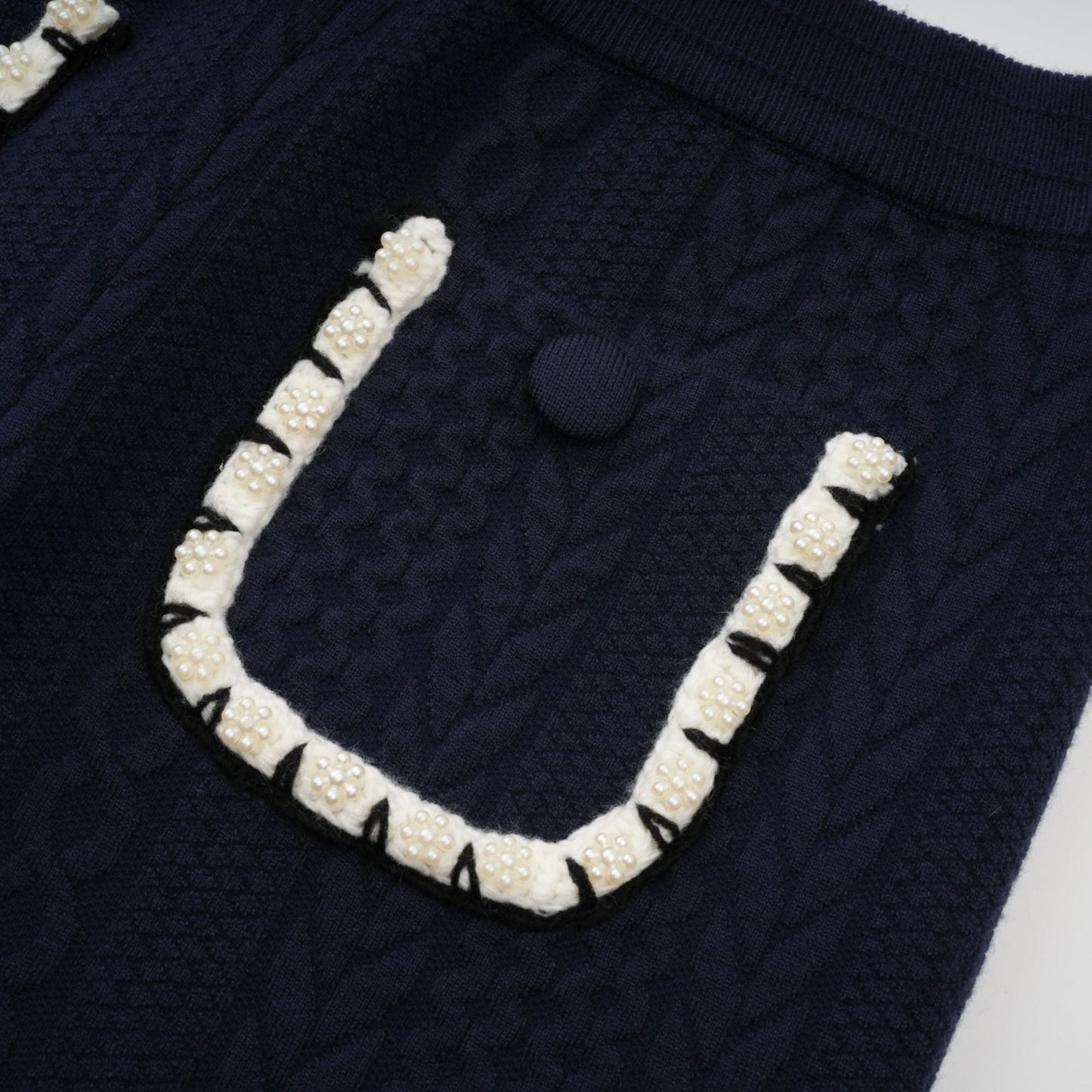 Elvira navy blue crochet-knit cardigan & trousers matching set