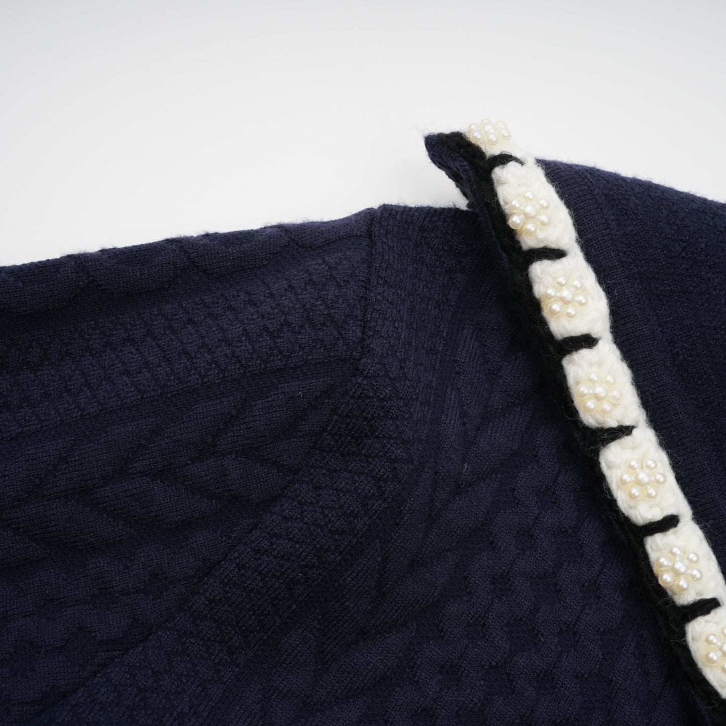 Elvira navy blue crochet-knit cardigan & trousers matching set