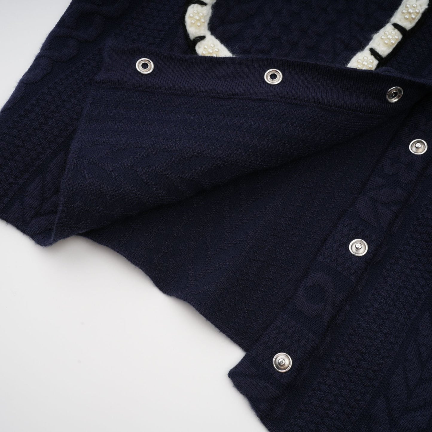 Elvira navy blue crochet-knit cardigan & trousers matching set