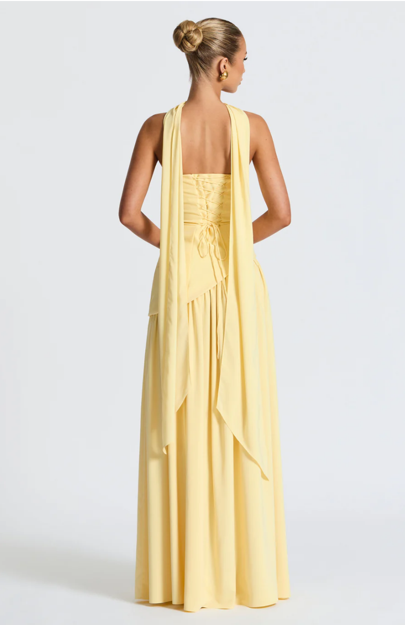 Paula Asymmetric High Slit Maxi Dress with Scarf - Lemon Yellow