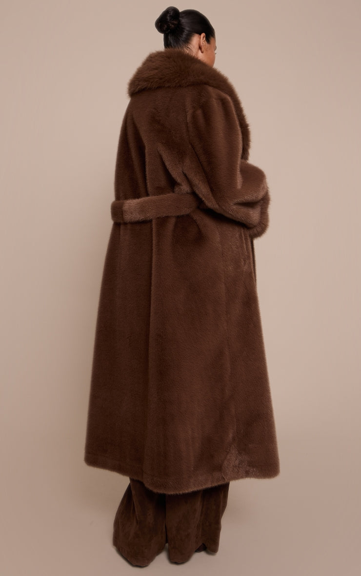Plus Chocolate Faux Fur Self Tie Oversized Coat image 2