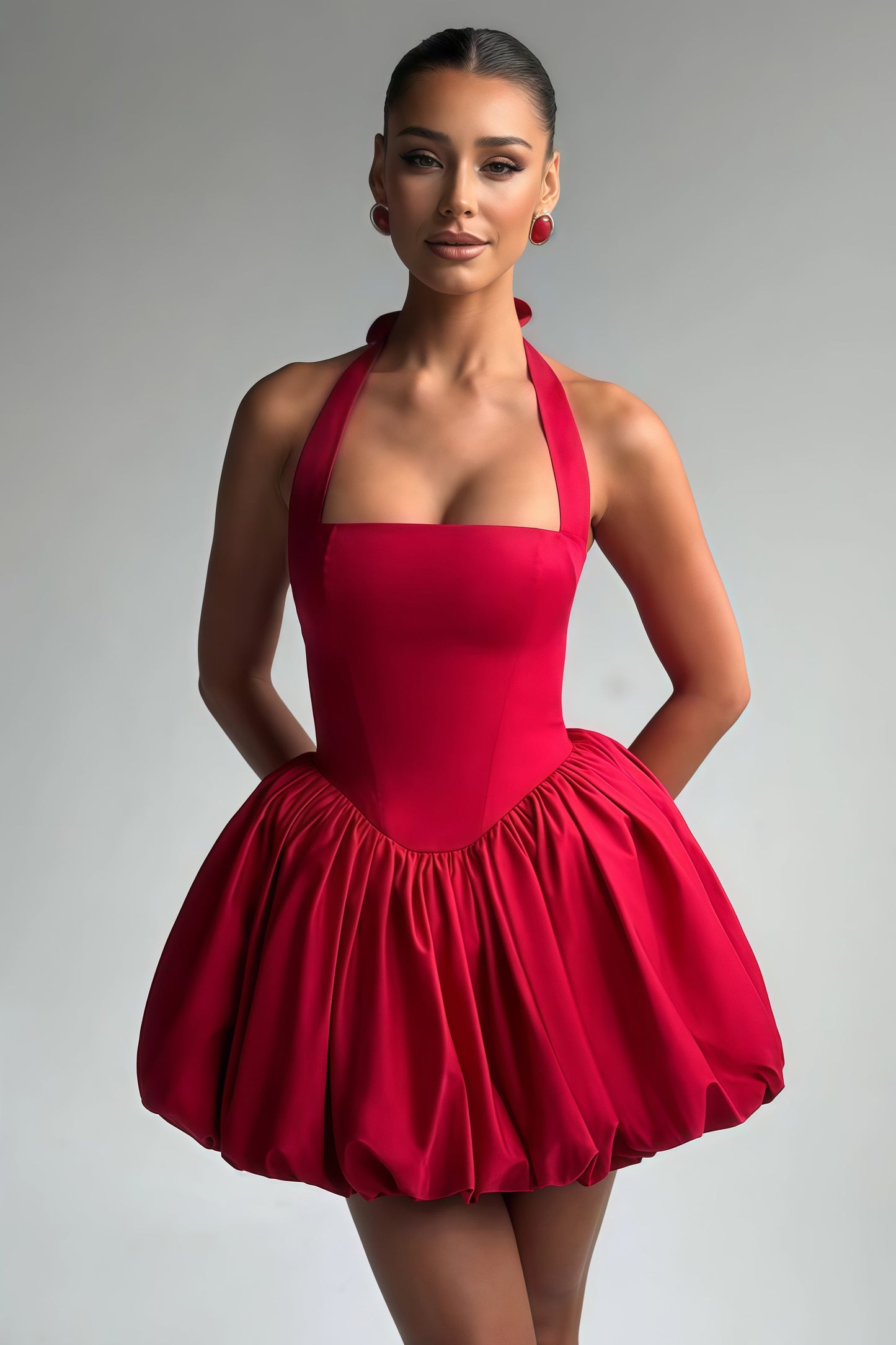 Anaelle Red Shirred Puffball Mini Dress