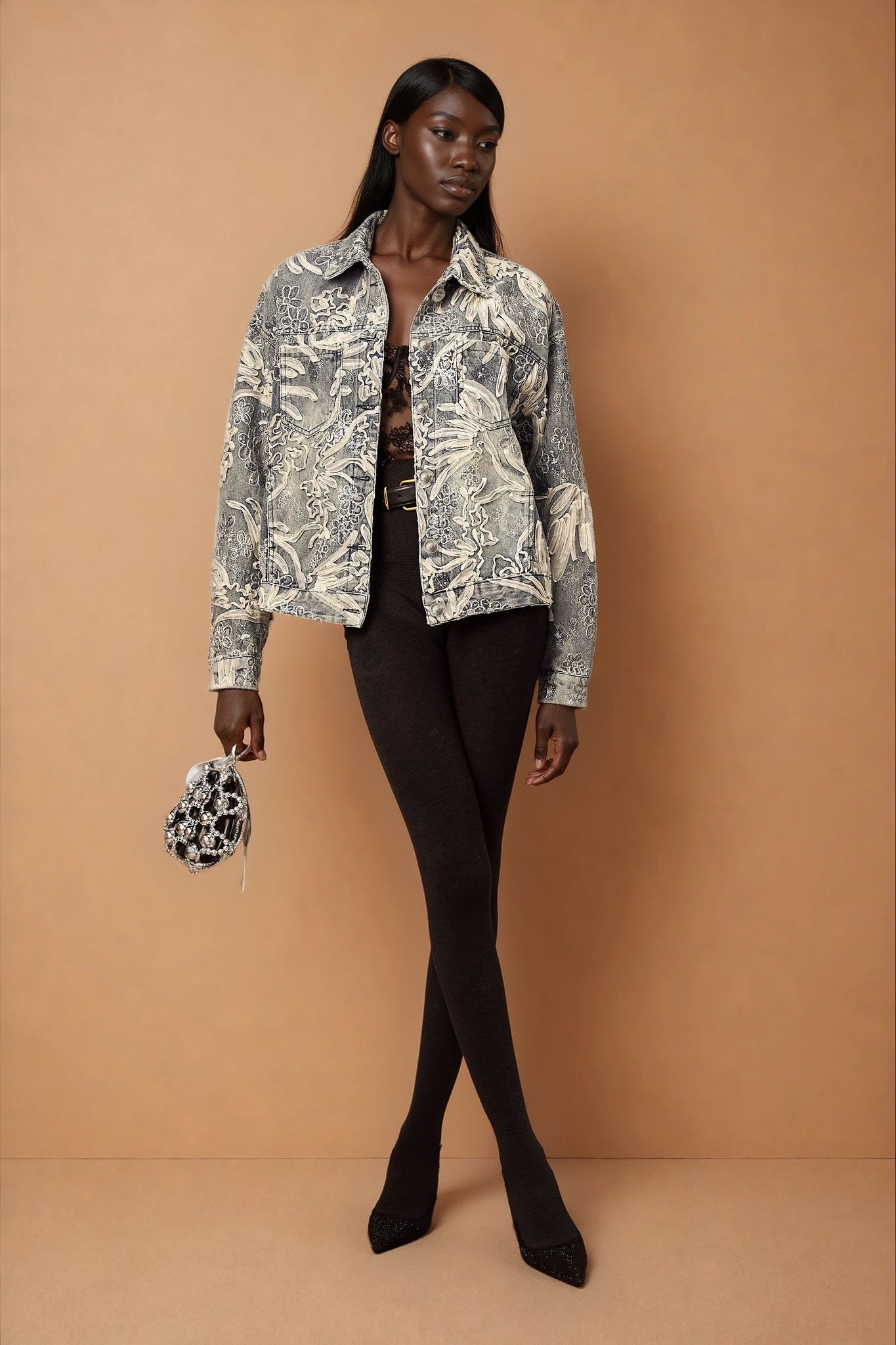 Mailys blue sequined flower-embroidered denim jacket