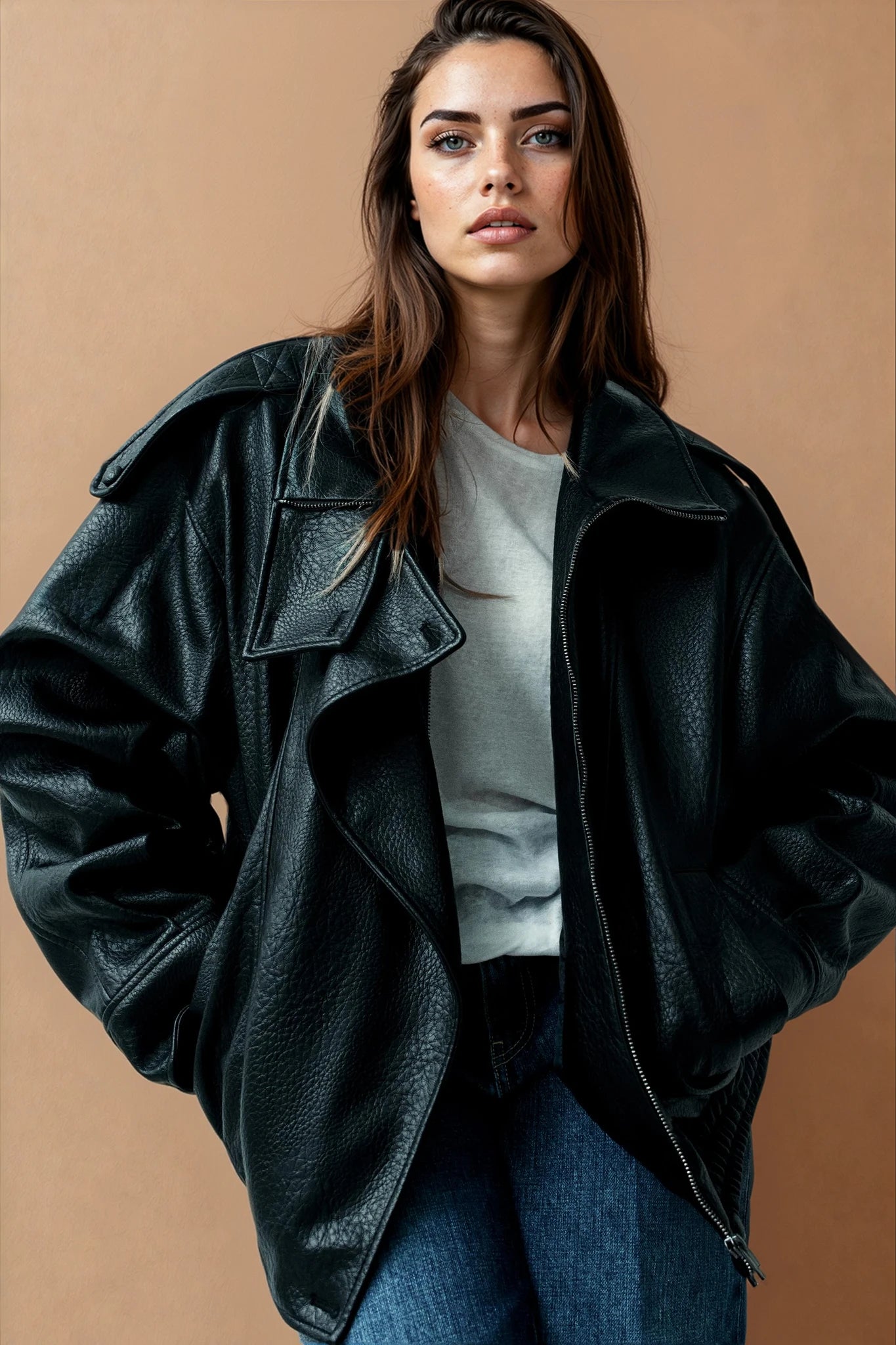 Black faux leather bomber jacket with a high collar, long sleeves, and side pockets, over a white t-shirt and blue jeans.