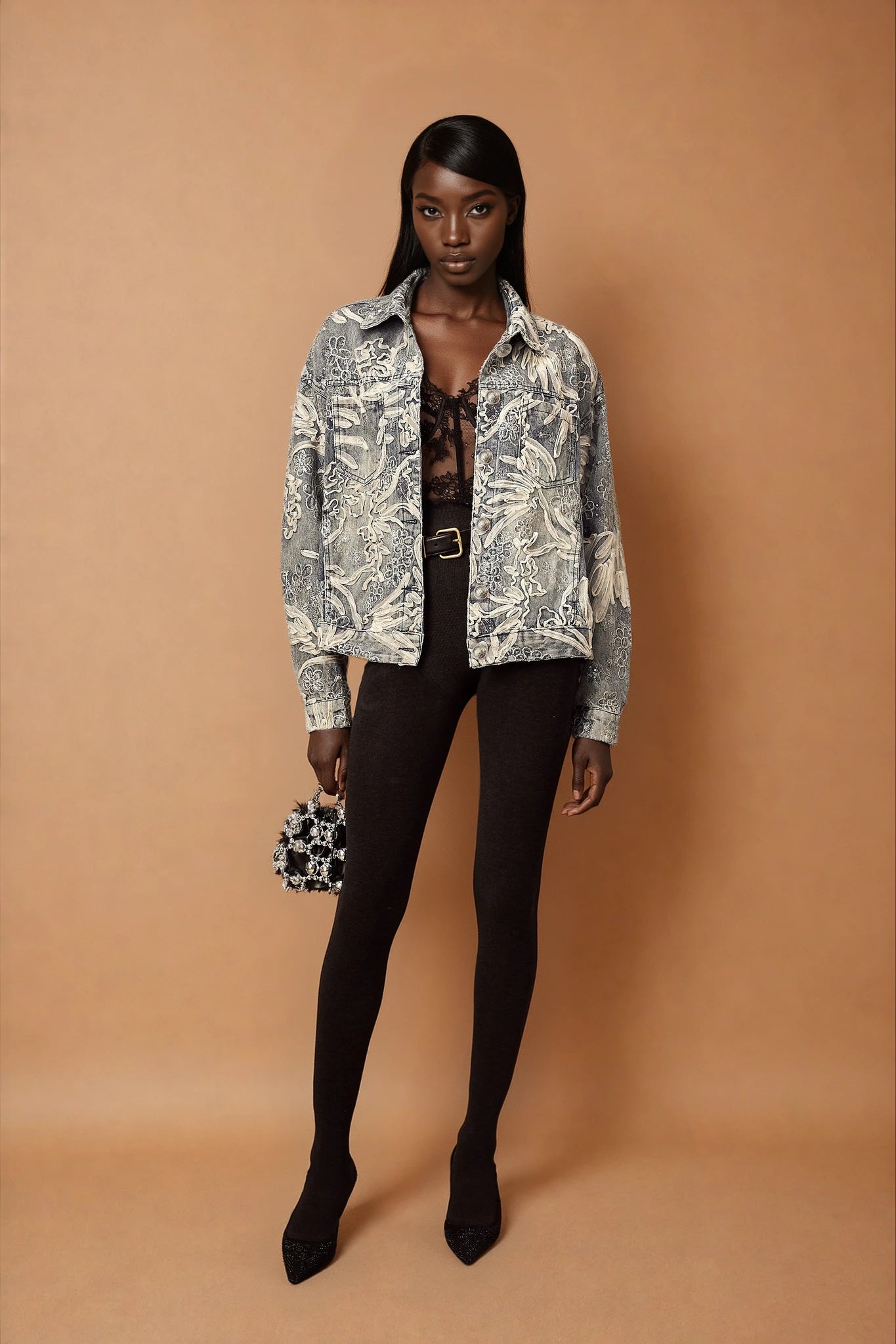 Mailys blue sequined flower-embroidered denim jacket
