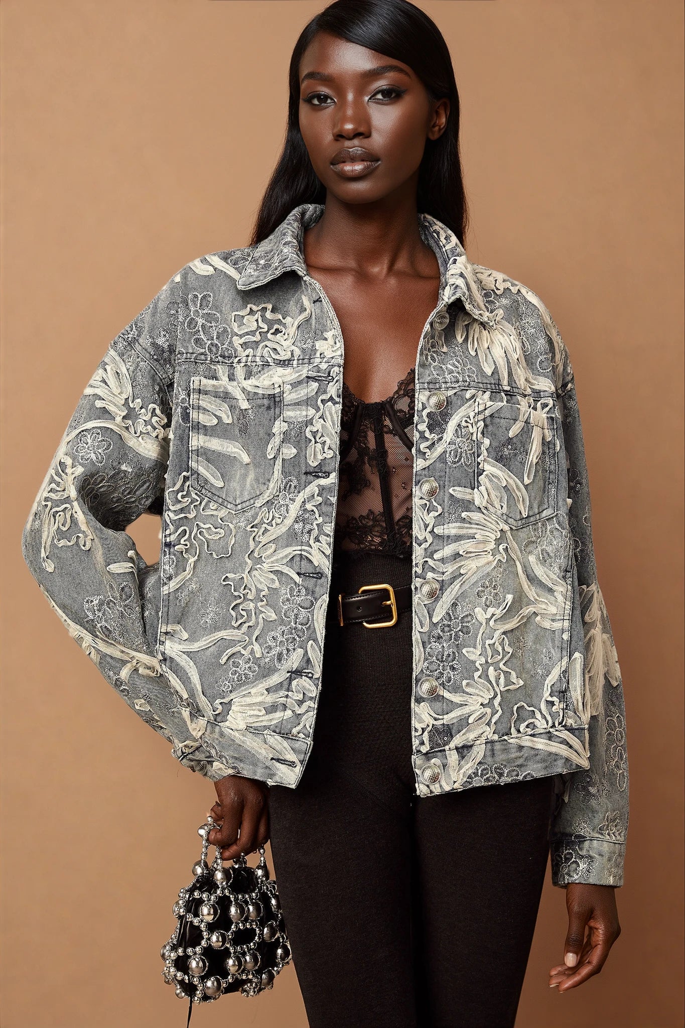 Mailys blue sequined flower-embroidered denim jacket