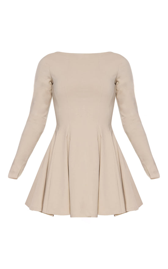Stone Stretch Woven Boat Neck Long Sleeve Pleated Shift Dress image 5