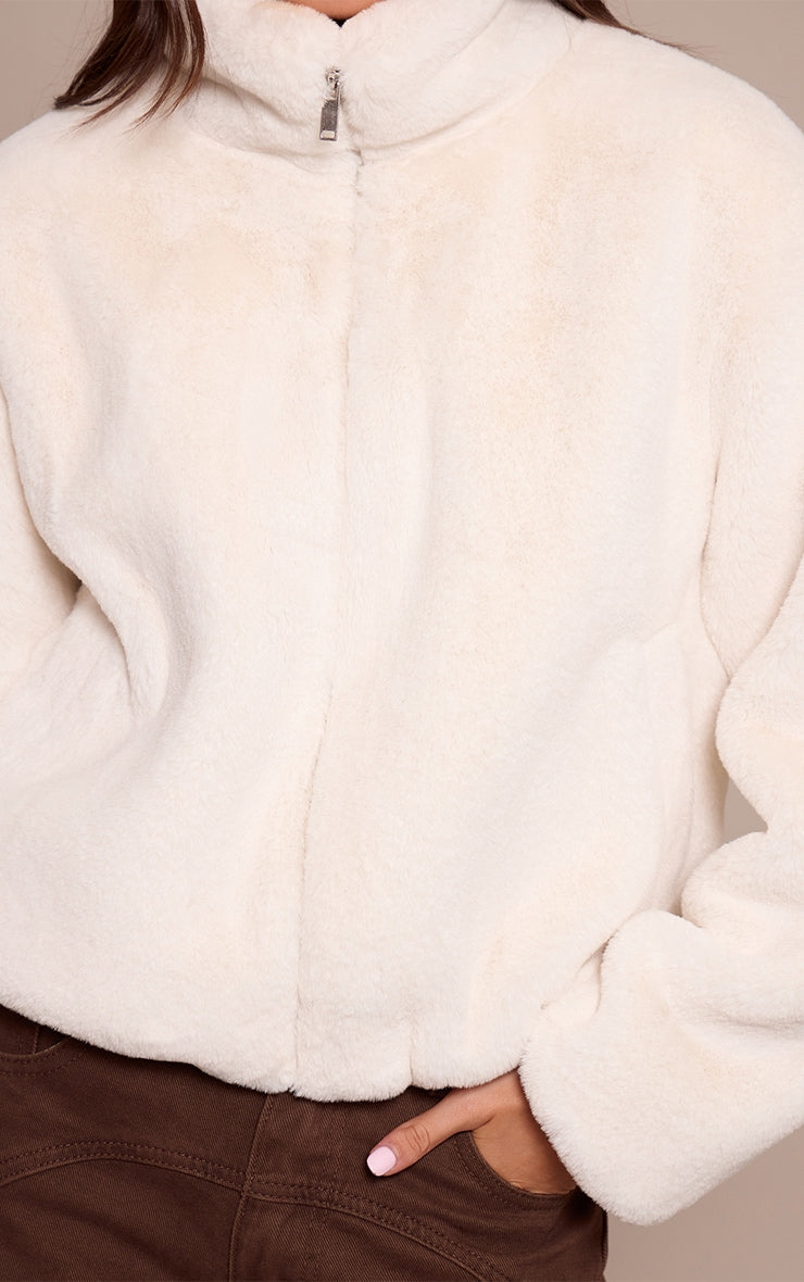 White Plush Faux Fur Cropped Bomber Style Coat image 4