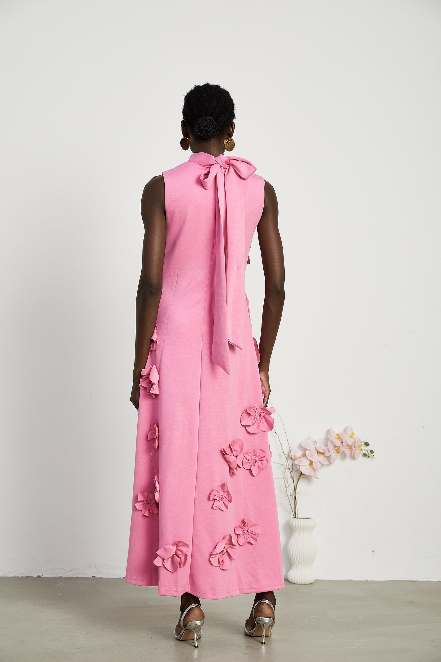 Magali Pink Sleeveless Maxi Dress with Faux Flower & Bow-Tie Embellishment