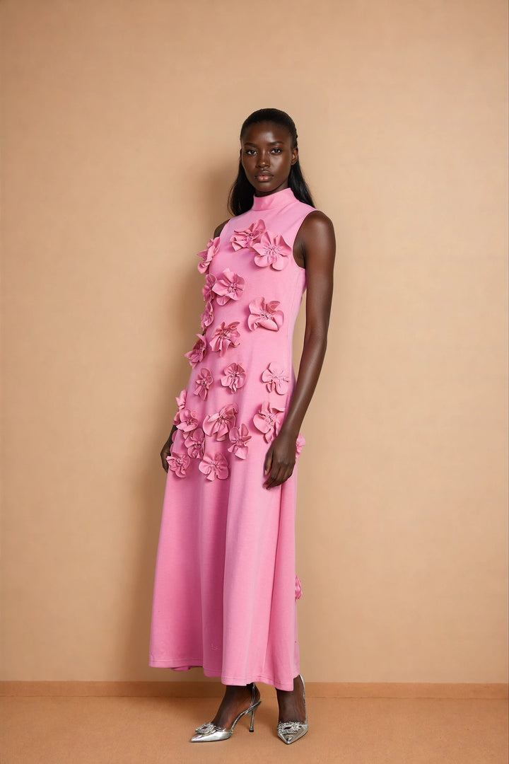 Magali Pink Sleeveless Maxi Dress with Faux Flower & Bow-Tie Embellishment