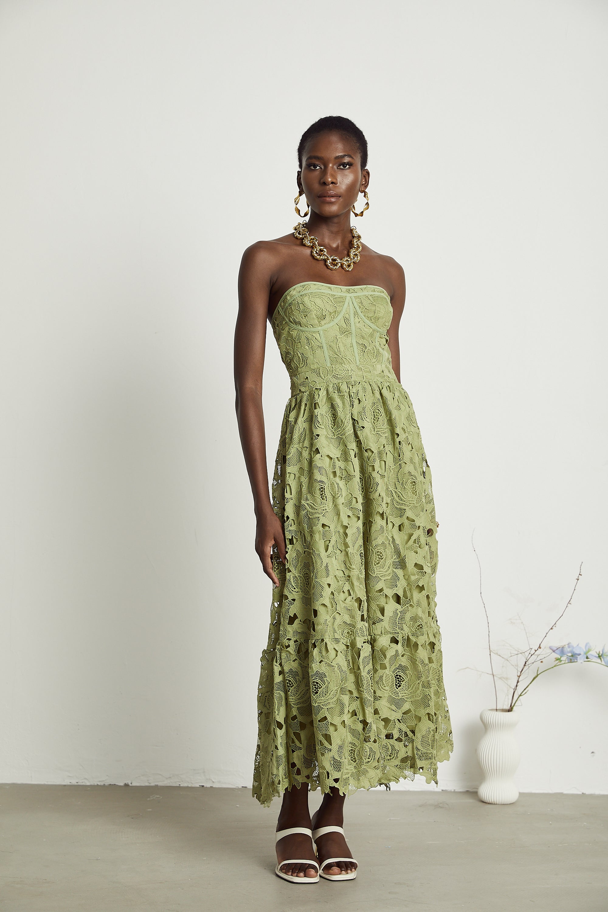 Inès lace floral embroidered cut-out midi dress in Green