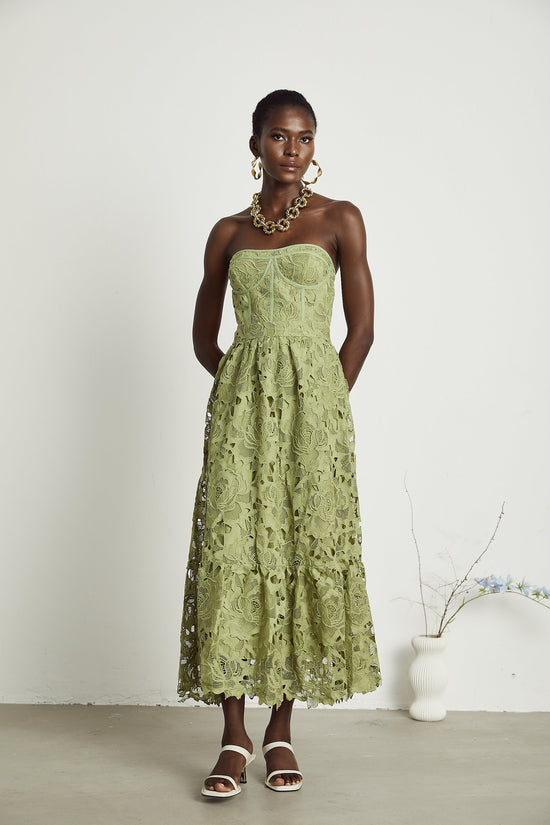 Inès lace floral embroidered cut-out midi dress in Green
