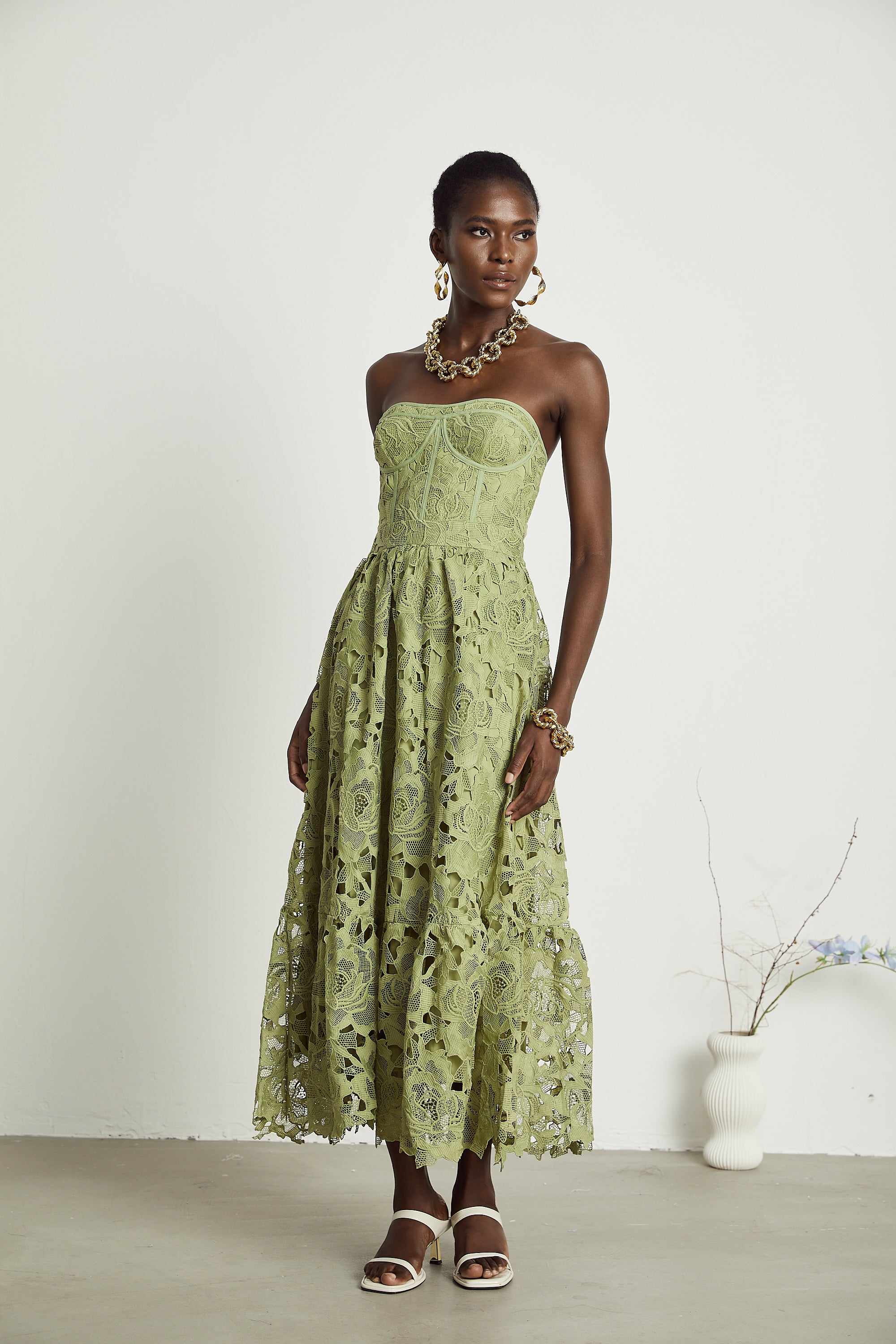 Inès lace floral embroidered cut-out midi dress in Green