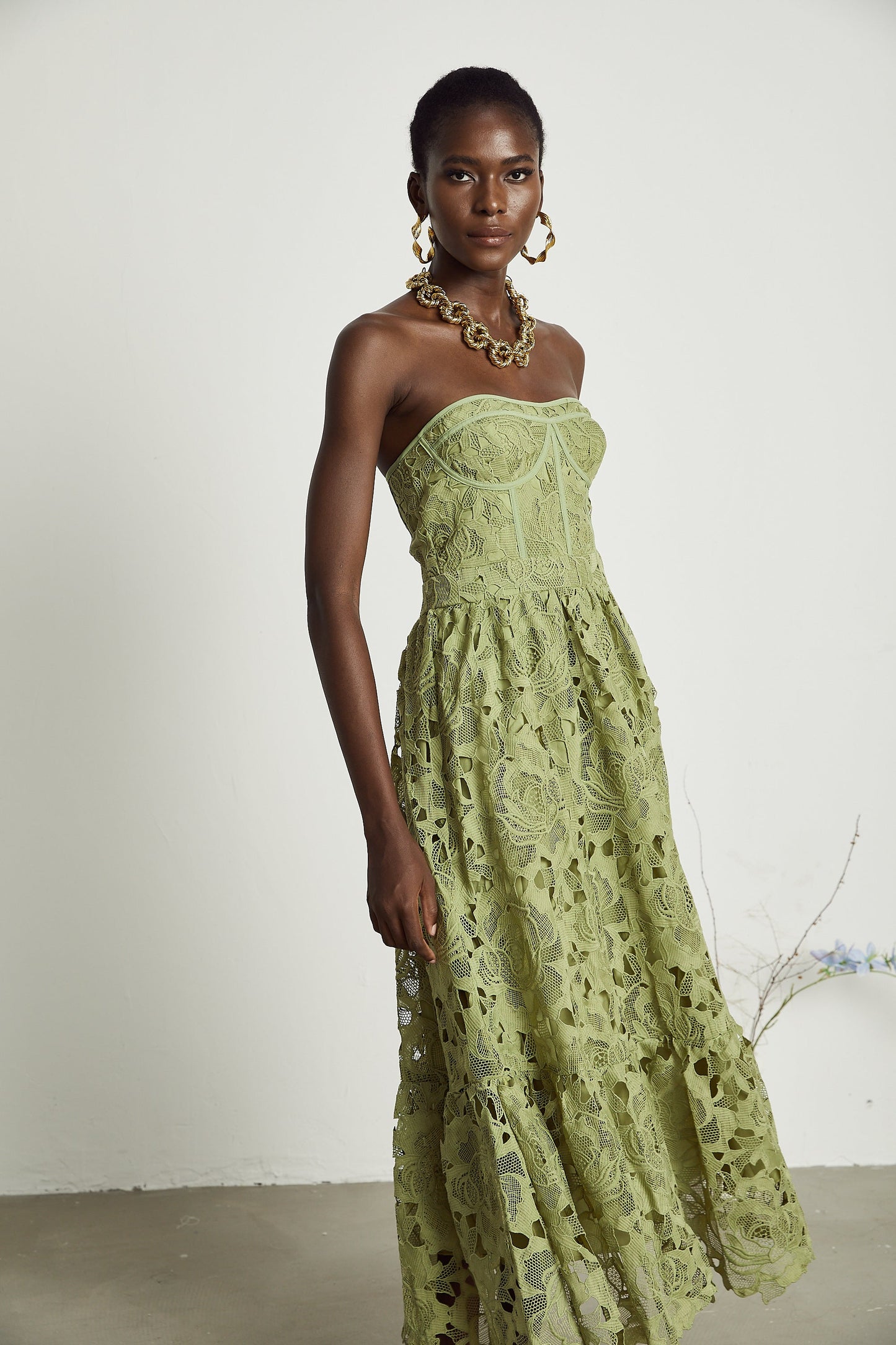Inès lace floral embroidered cut-out midi dress in Green