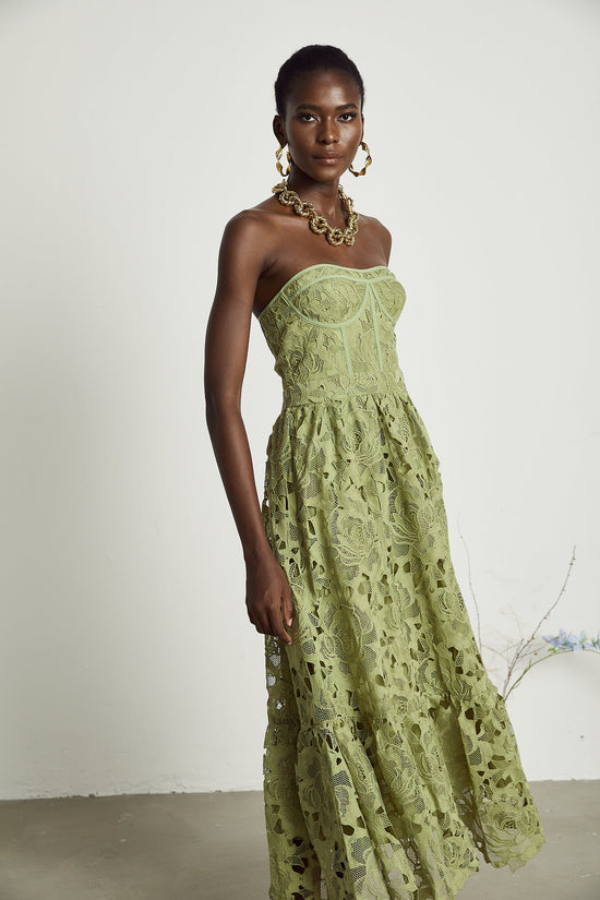 Inès lace floral embroidered cut-out midi dress in Green