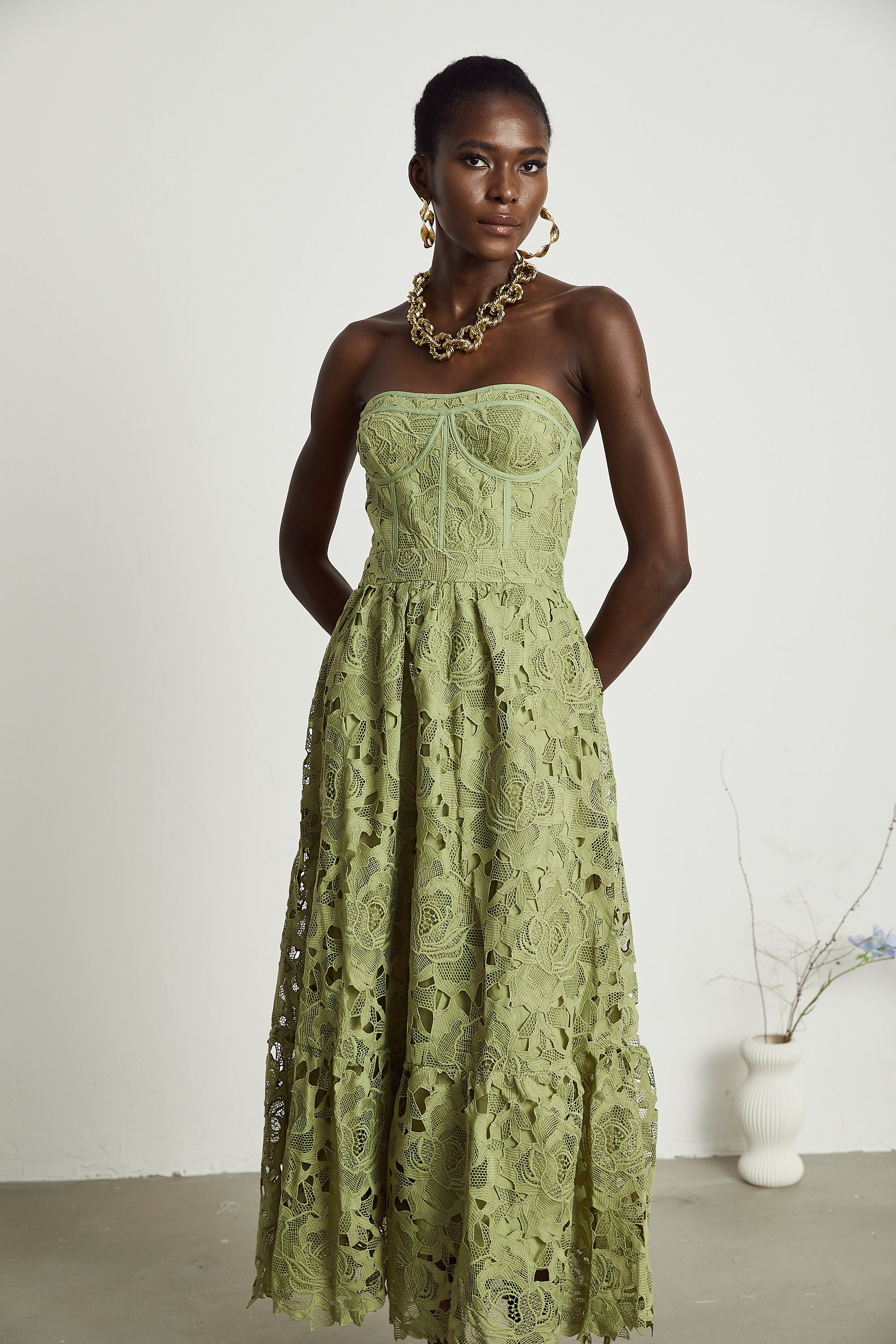 Inès lace floral embroidered cut-out midi dress in Green