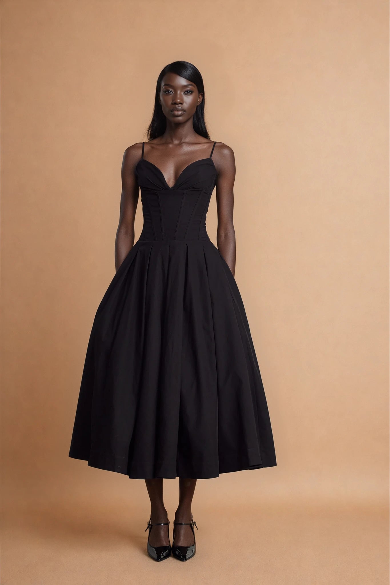 Katherine Black Off-Shoulder Corset Midi Dress