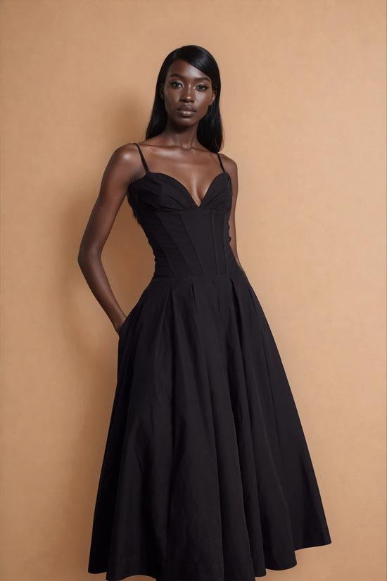 Katherine Black Off-Shoulder Corset Midi Dress