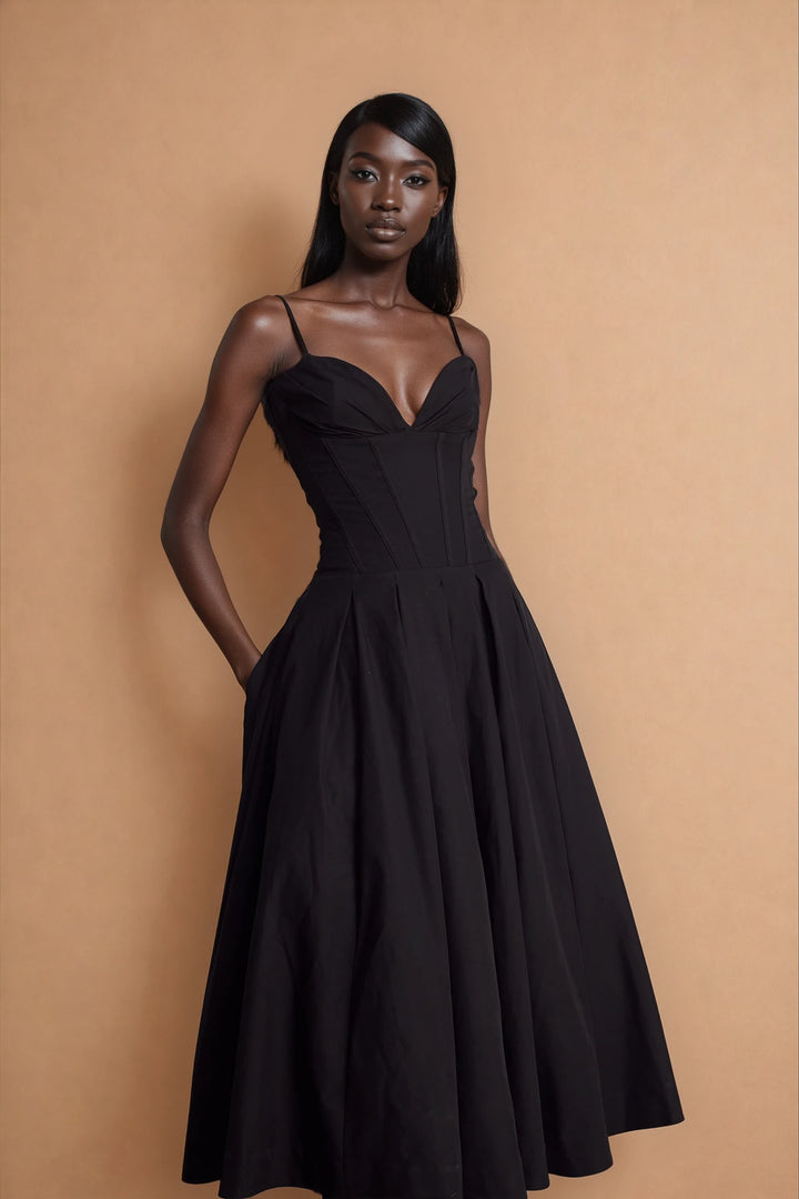 Katherine Black Off-Shoulder Corset Midi Dress