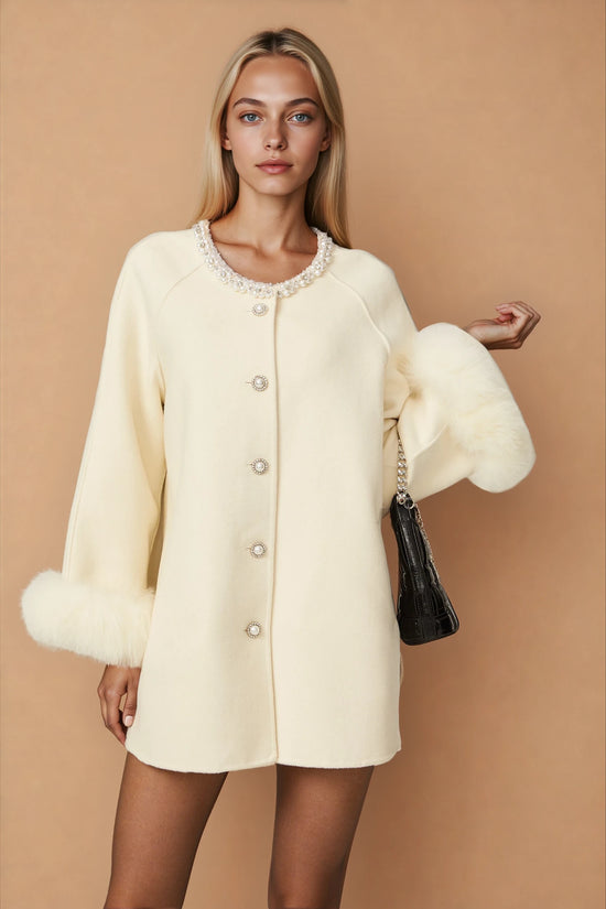 Frédérique white wool fur embellished coat