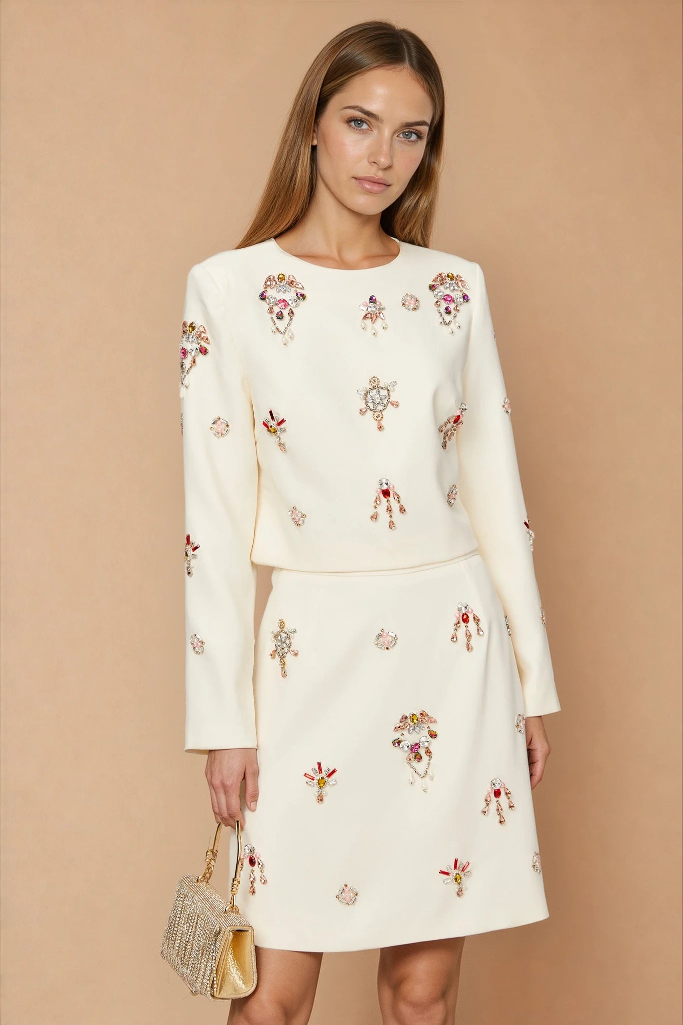 Jeanne white crystal-embellished top & skirt matching set