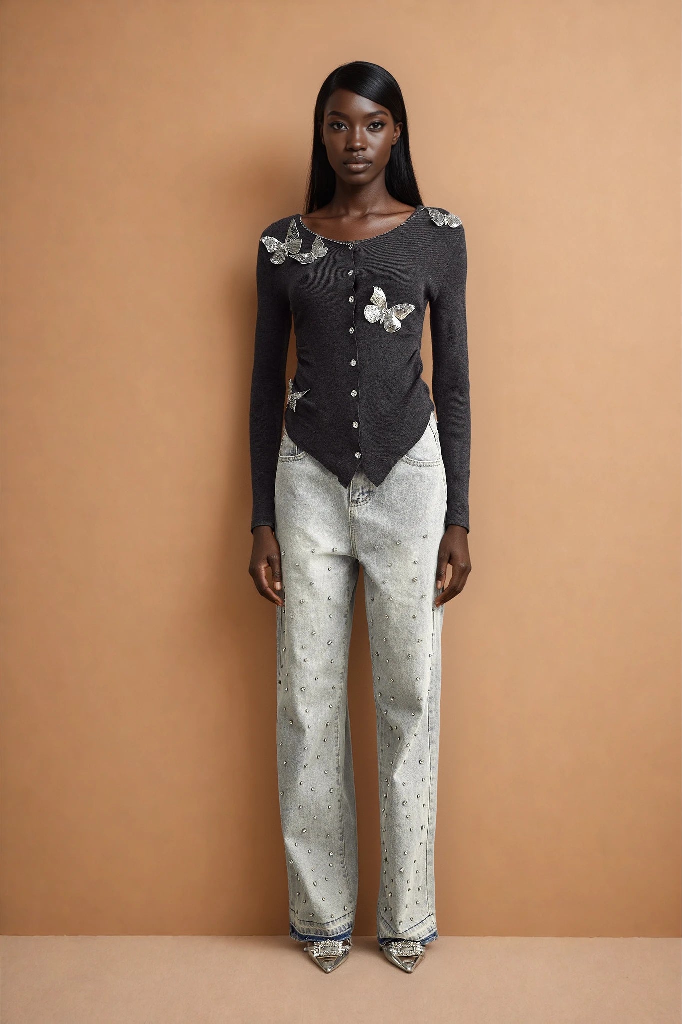 Anastasie grey sequined butterfly-motif cardigan