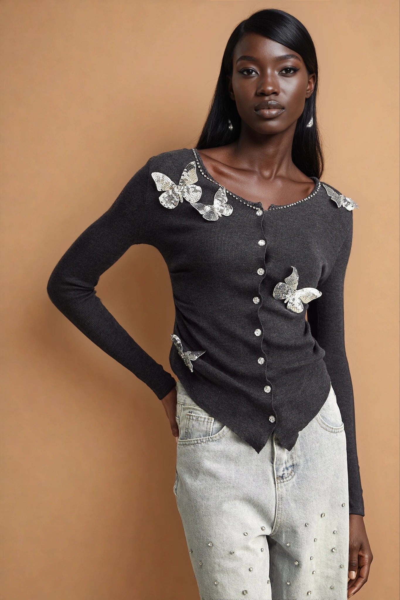 Anastasie grey sequined butterfly-motif cardigan