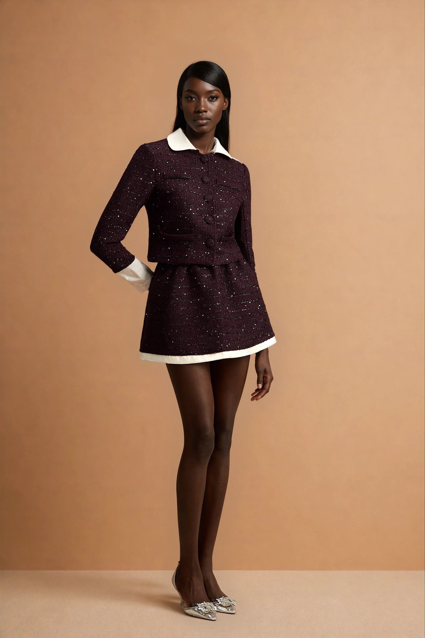 Brigitte purple sequined tweed jacket & skirt matching set