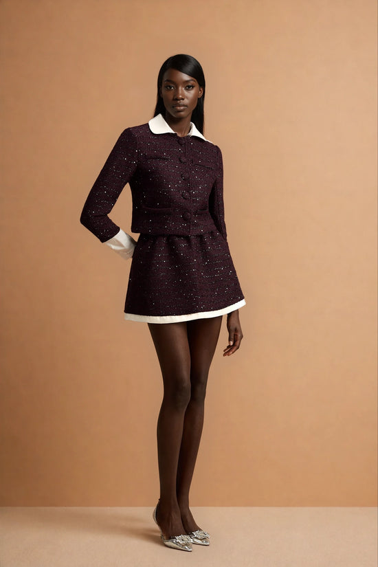Brigitte purple sequined tweed jacket & skirt matching set