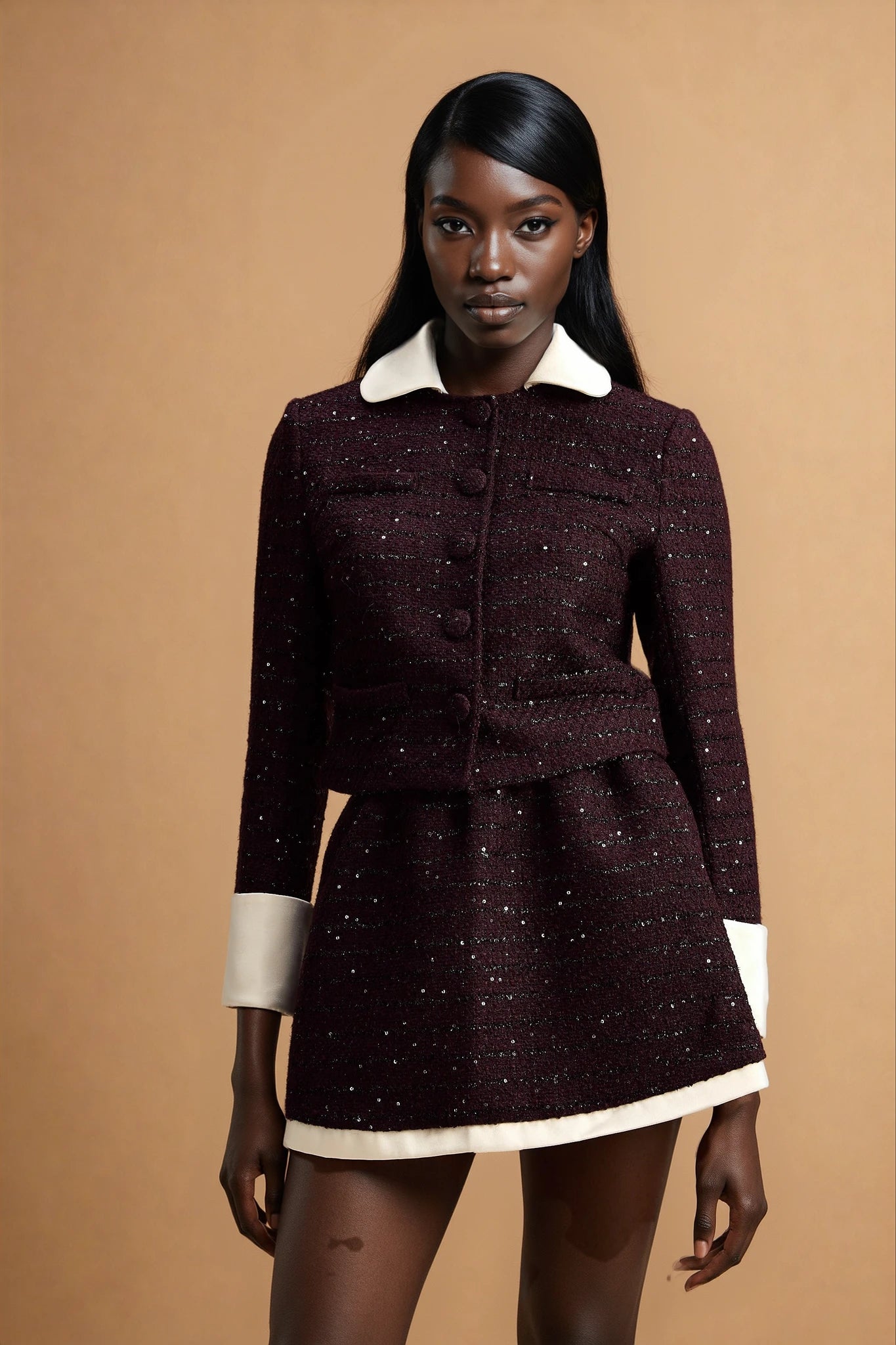 Brigitte purple sequined tweed jacket & skirt matching set