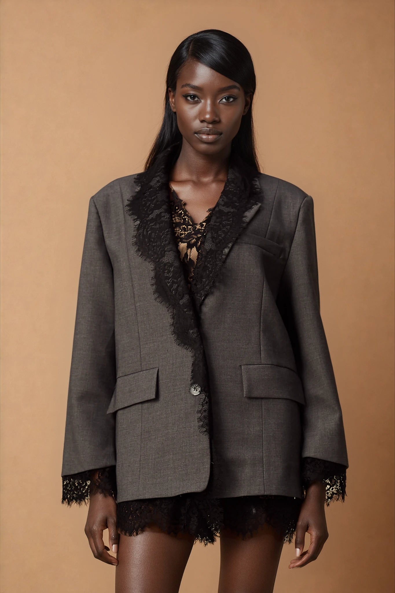 Dianthe grey lace-panel blazer