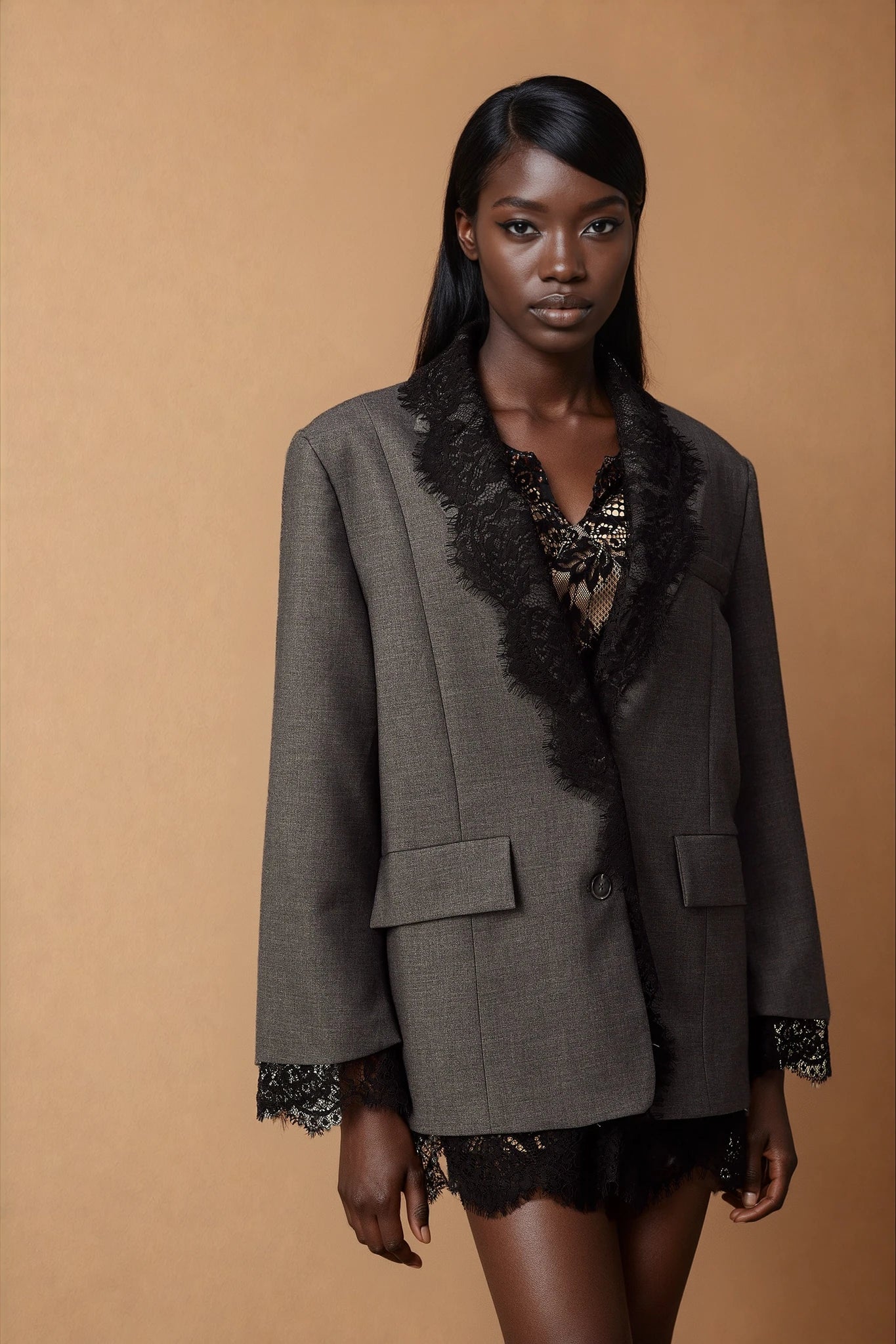 Dianthe grey lace-panel blazer