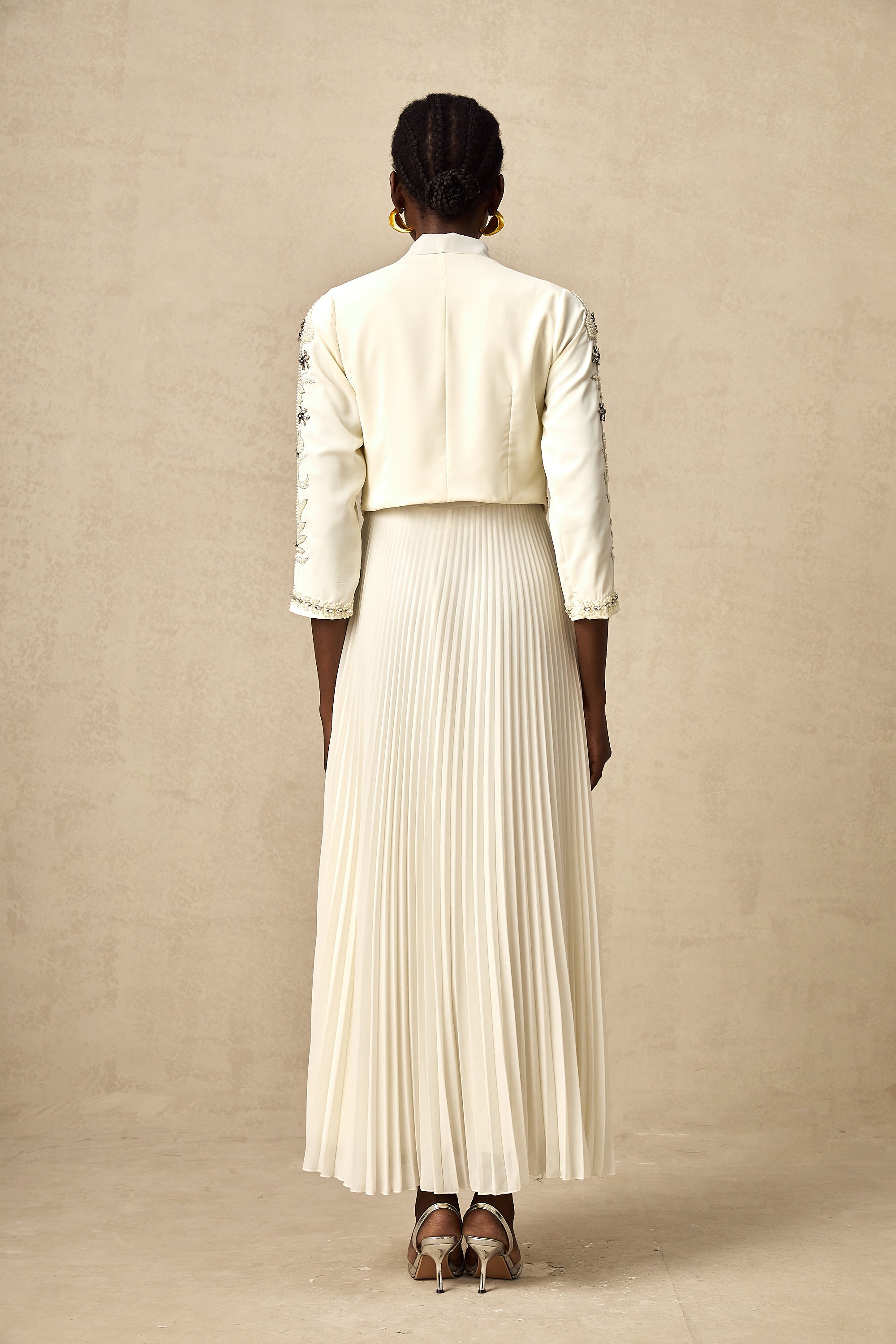 Blanche White Embellished Pleated Two-Piece Jacket and Dress Set