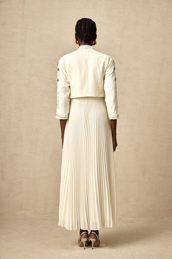 Blanche White Embellished Pleated Two-Piece Jacket and Dress Set